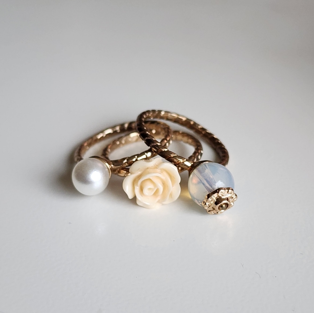 Pearl, Rose, & Bead Ring Set